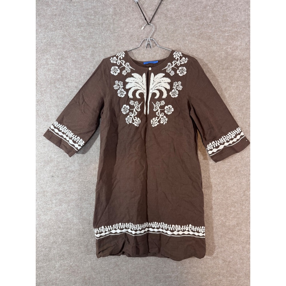 J McLaughlin Ubud Dress Womens S Brown Linen Embroidered Palm Leaf Tunic